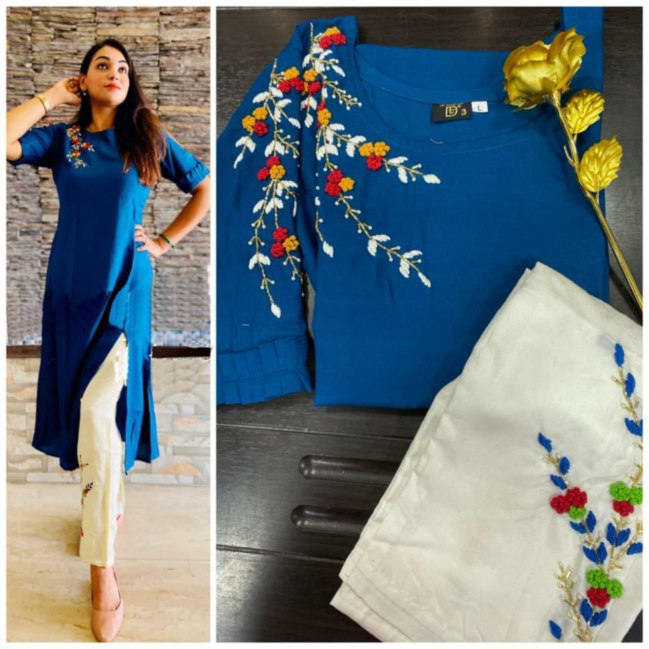 TDG Flower Queen Rayon Hand Work Designer Kurti With Bottom Catalog